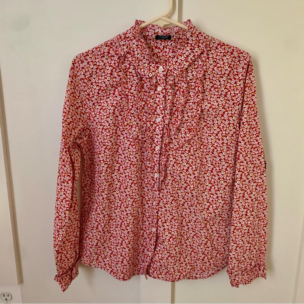 JCrew Floral Top Ruffled Collar